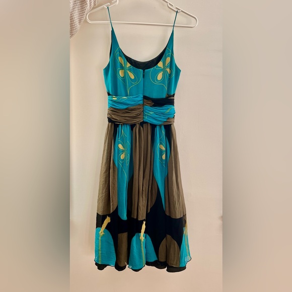 Anna Sui for Anthropologie ⭐️ 100% silk, Teal, Brown & Yellow Mini Dress, Size 4 - Picture 2 of 6